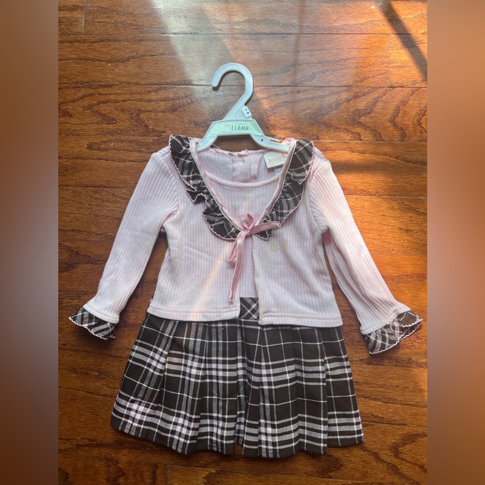 Jenny & Me Pink Ribbed Top with Brown Plaid Skirt & Bow